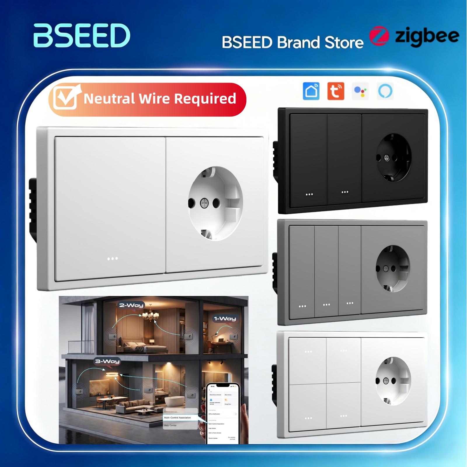 Tuya 4 Channel - BSEED Zigbee Click Switch 1/2/3/4Gang Tombol